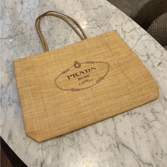 PRADA Straw Tote in Natural Yellow with Brown Logo - Picture 6 of 6